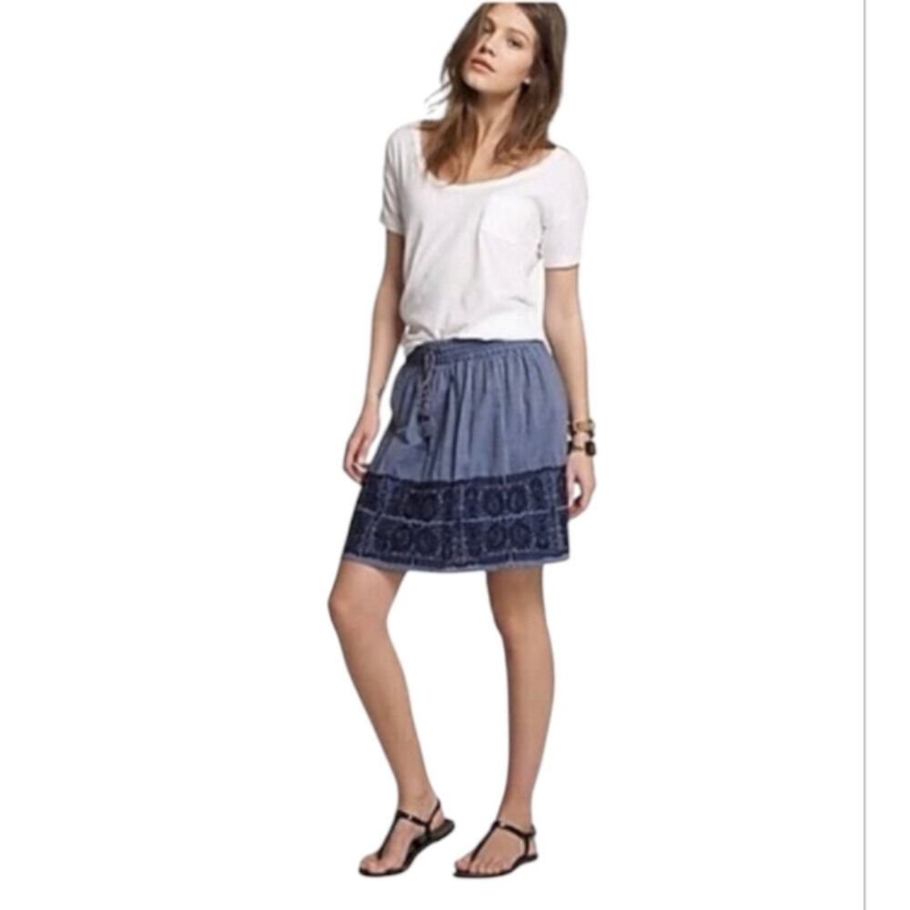 J Crew Zafrina Embroidered Hem Chambray Pull On Skirt XL Cotton Lined Drawstring